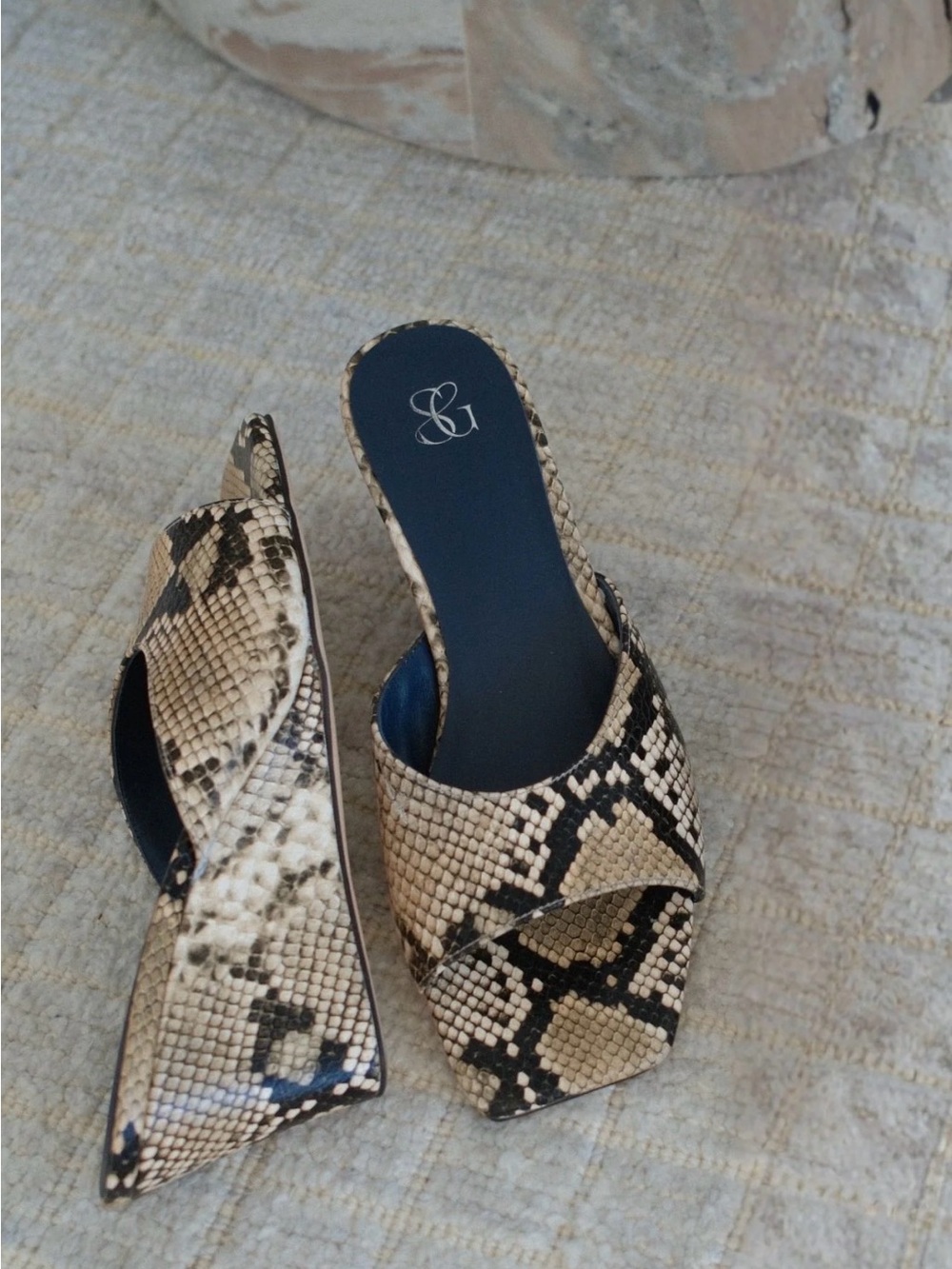 Suki Girl Snake-Print Mule Sandals in Beige/Black